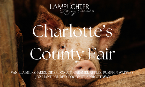 Charlotte's County Fair candle label with a pig in a pen and featuring the scent notes ‘Vanilla Milkshakes,’ ‘Cider Donuts,’ ‘Caramel Apples,' and 'Pumpkin Waffles' in decorative serif lettering.