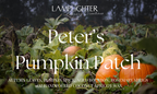 Peter's Pumpkin Patch candle label with pumpkin patch setting and featuring the scent notes ‘Autumn Leaves,’ ‘Pumpkin Spice,’ ‘Aged Bourbon,' and 'Rosemary Sprigs' in decorative serif lettering.