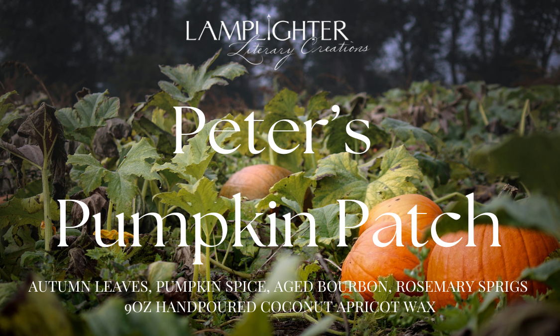 Peter's Pumpkin Patch candle label with pumpkin patch setting and featuring the scent notes ‘Autumn Leaves,’ ‘Pumpkin Spice,’ ‘Aged Bourbon,' and 'Rosemary Sprigs' in decorative serif lettering.