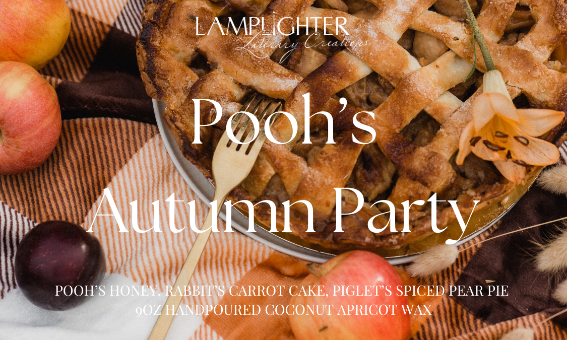 Pooh's Autumn Party candle label with pie setting and featuring the scent notes ‘Pooh's Honey,’ ‘Rabbit's Carrot Cake,’ and 'Piglet's Spiced Pear Pie' in decorative serif lettering.